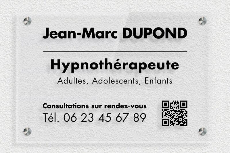 Plaque Hypnothérapeute - Plexiglass Transparent - 300 x 200 mm - transparent - screws-spacer - plaquepro-qr-code-002-3