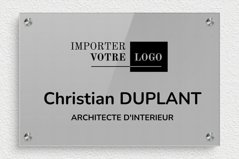 Plaque professionnelle avec logo - Plexiglass - 300 x 200 mm - gris-noir - screws-spacer - ppro-architecte-009-1
