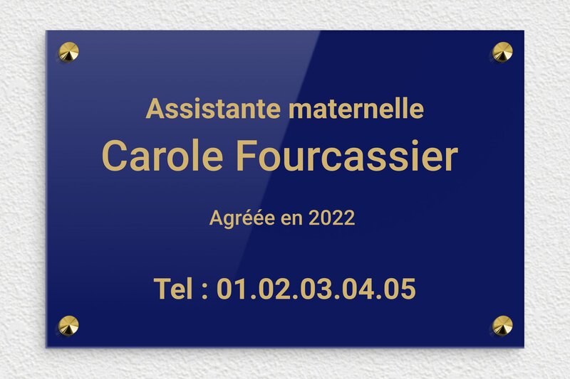 Plaque Assistante maternelle - Plexiglass - 300 x 200 mm - bleu-or - screws-caps - ppro-assistante-mat-005-2