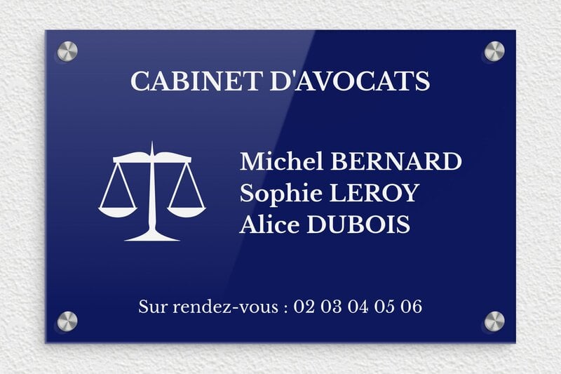 Plaque professionnelle avec logo - Plexiglass - 300 x 200 mm - bleu-blanc - screws-caps - ppro-avocat-003-0