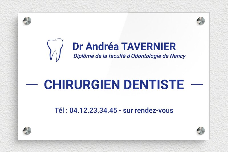 Plaque dentiste - Plaque professionnelle pour chirurgien-dentiste - Plexiglass - 300 x 200 mm - blanc-bleu - screws-spacer - ppro-dentiste-001-1