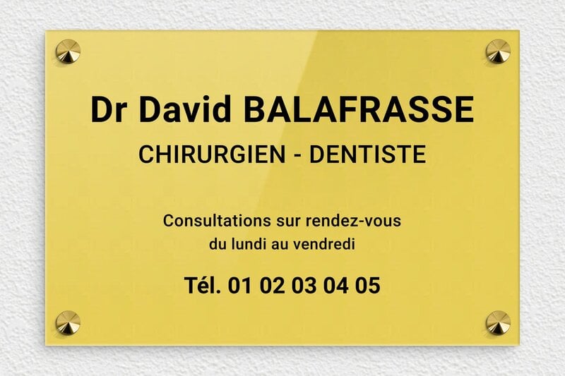 Plaque dentiste - Plaque professionnelle pour chirurgien-dentiste - Plexiglass - 300 x 200 mm - or-clair-noir - screws-caps - ppro-dentiste-002-0