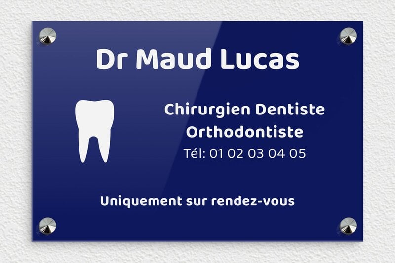 Plaque dentiste - Plaque professionnelle pour chirurgien-dentiste - Plexiglass - 300 x 200 mm - bleu-blanc - screws-caps - ppro-dentiste-003-0