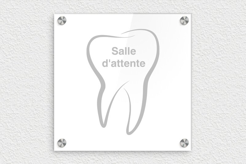 Plaque dentiste - Plaque professionnelle pour chirurgien-dentiste - Plexiglass - 200 x 200 mm - blanc-argent - screws-caps - ppro-dentiste-003-1