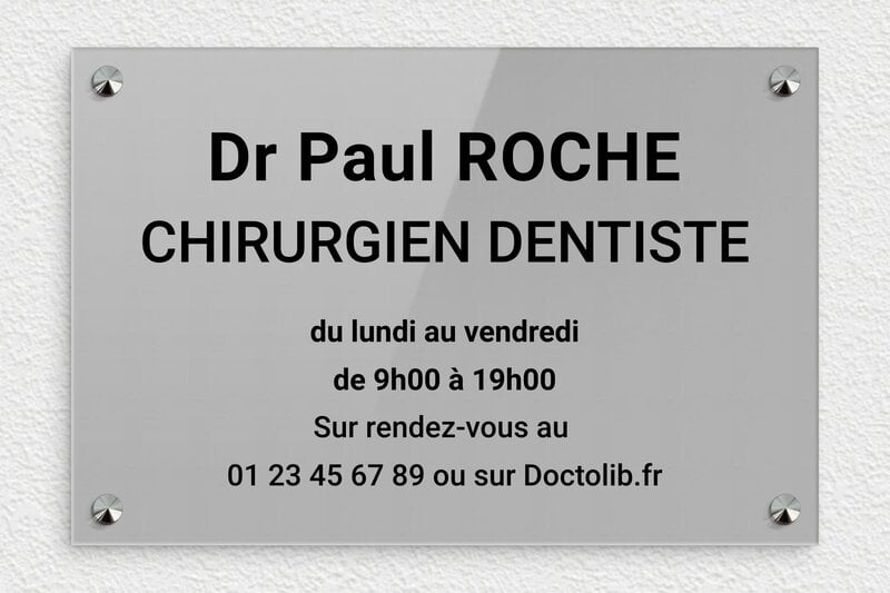 Plaque dentiste - Plaque professionnelle pour chirurgien-dentiste - Plexiglass - 300 x 200 mm - gris-noir - screws-caps - ppro-dentiste-004-0