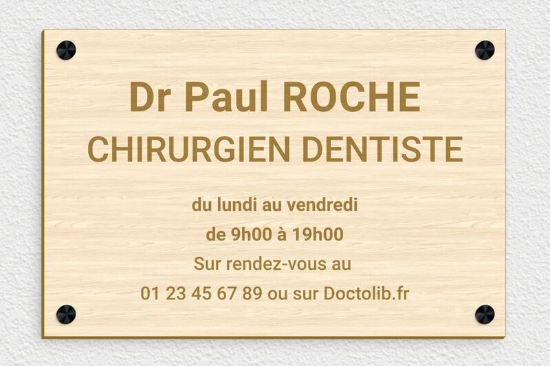 Plaque professionnelle en bois - Bois - 300 x 200 mm - erable - screws-caps - ppro-dentiste-004-04