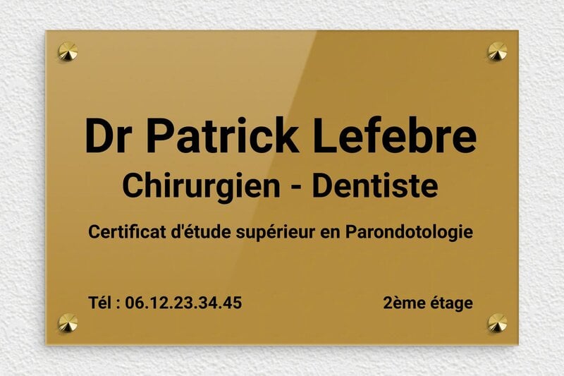 Plaque dentiste - Plaque professionnelle pour chirurgien-dentiste - Plexiglass - 300 x 200 mm - or-fonce-noir - screws-caps - ppro-dentiste-004-1