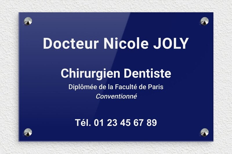 Plaque dentiste - Plaque professionnelle pour chirurgien-dentiste - Plexiglass - 300 x 200 mm - bleu-blanc - screws-caps - ppro-dentiste-005-0