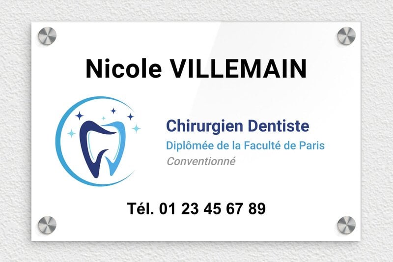Plaque dentiste - Plaque professionnelle pour chirurgien-dentiste - Plexiglass - 300 x 200 mm - custom - screws-caps - ppro-dentiste-007-1