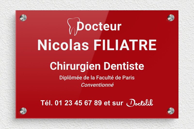Plaque dentiste - Plaque professionnelle pour chirurgien-dentiste - Plexiglass - 300 x 200 mm - rouge-blanc - screws-spacer - ppro-dentiste-011-1
