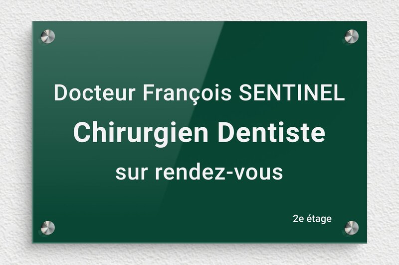 Plaque dentiste - Plaque professionnelle pour chirurgien-dentiste - Plexiglass - 300 x 200 mm - vert-blanc - screws-spacer - ppro-dentiste-012-1