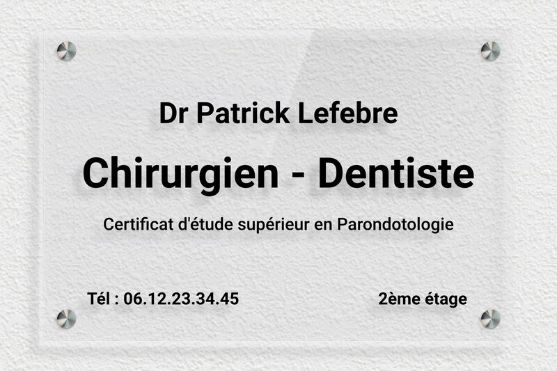 Plaque dentiste - Plaque professionnelle pour chirurgien-dentiste - Plexiglass Transparent - 300 x 200 mm - transparent - screws-spacer - ppro-dentiste-013-1