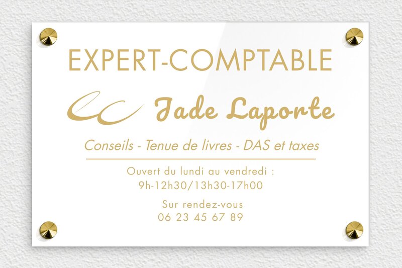 Plaque Expert comptable - Plexiglass - 300 x 200 mm - blanc-or - screws-caps - ppro-expert-comptable-004-4