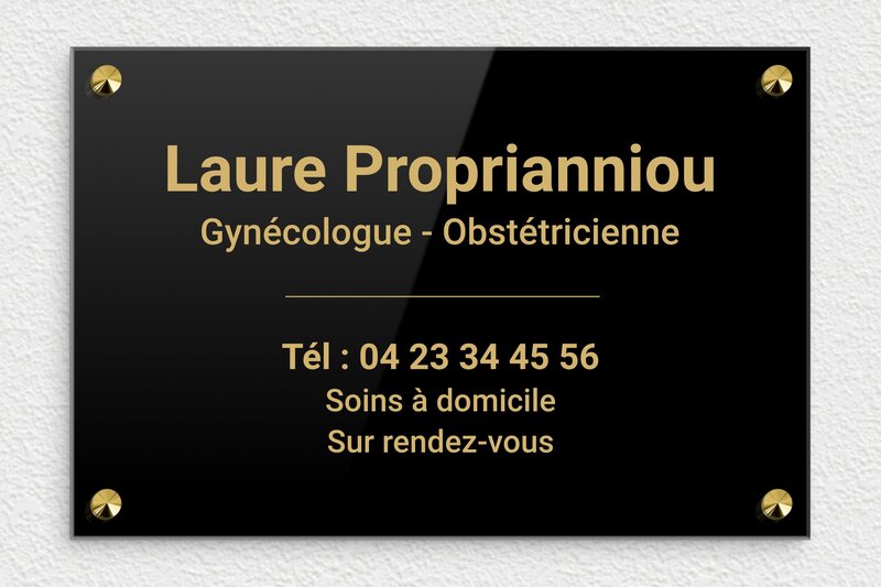 Plaque Gynécologue - Plexiglass - 300 x 200 mm - noir-or - screws-caps - ppro-gynechologue-002-1