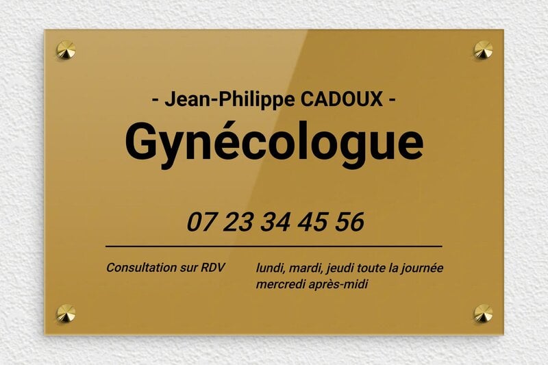 Plaque Gynécologue - Plexiglass - 300 x 200 mm - or-fonce-noir - screws-caps - ppro-gynechologue-005-1
