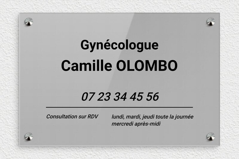 Plaque Gynécologue - Plexiglass - 300 x 200 mm - gris-noir - screws-caps - ppro-gynechologue-006-1