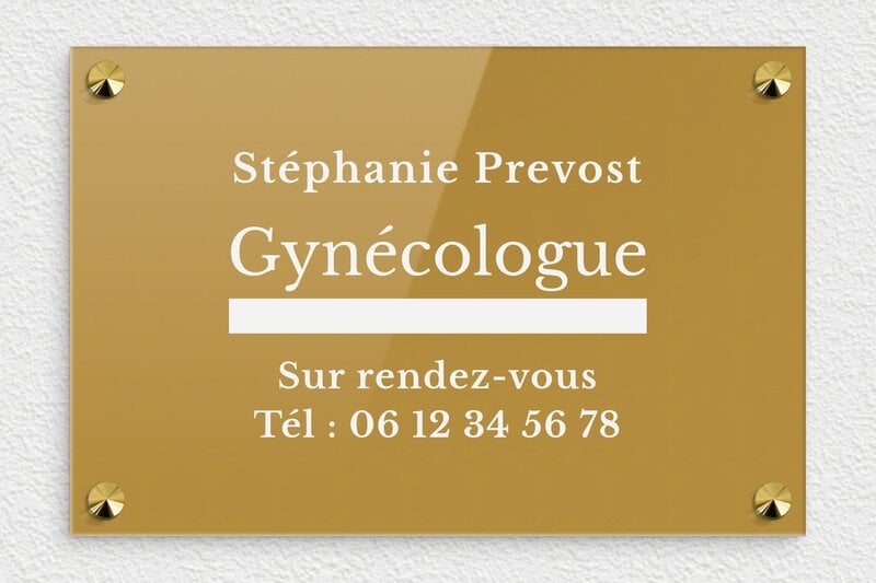 Plaque Gynécologue - Plexiglass - 300 x 200 mm - or-fonce-blanc - screws-caps - ppro-gynecologue-001-4