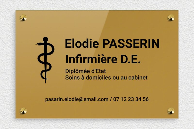 Plaque infirmière libérale - Plexiglass - 300 x 200 mm - or-fonce-noir - screws-caps - ppro-infirmere-005-1