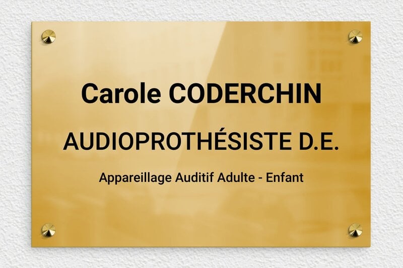 Plaque professionnelle audioprothésiste - Laiton - 300 x 200 mm - poli - screws-caps - ppro-job-audioprothesiste-003-1