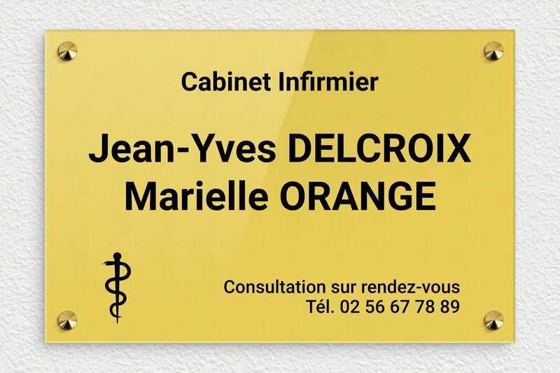 Plaque professionnelle cabinet infirmier - Plexiglass - 300 x 200 mm - or-clair-noir - screws-caps - ppro-job-cabinet-infirmier-005-1