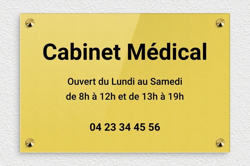 Plaque professionnelle cabinet médical - Plexiglass - 300 x 200 mm - or-clair-noir - screws-caps - ppro-job-cabinet-medical-001-1