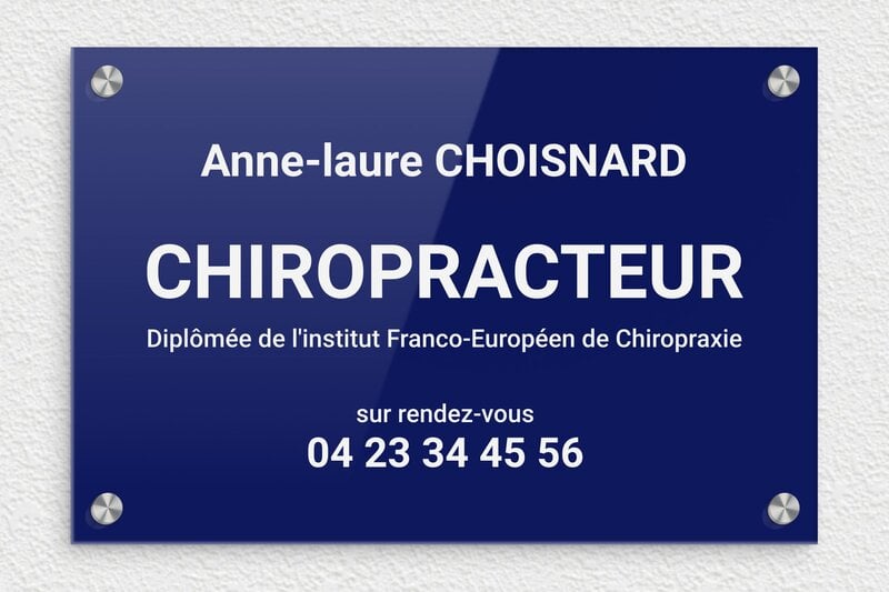 Plaque chiropracteur - Plexiglass - 300 x 200 mm - bleu-blanc - screws-caps - ppro-job-chiropracteur-001-1