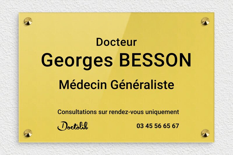 Plaque professionnelle docteur personnalisée - Plexiglass - 300 x 200 mm - or-clair-noir - screws-caps - ppro-job-docteur-003-1