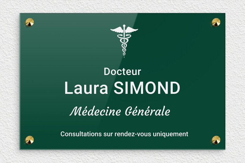 Plaque professionnelle docteur personnalisée - Plexiglass - 300 x 200 mm - vert-blanc - screws-caps - ppro-job-docteur-007-1