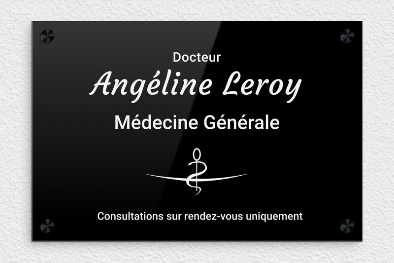 Plaque professionnelle docteur personnalisée - Plexiglass - 300 x 200 mm - noir-blanc - screws-caps - ppro-job-docteur-011-1