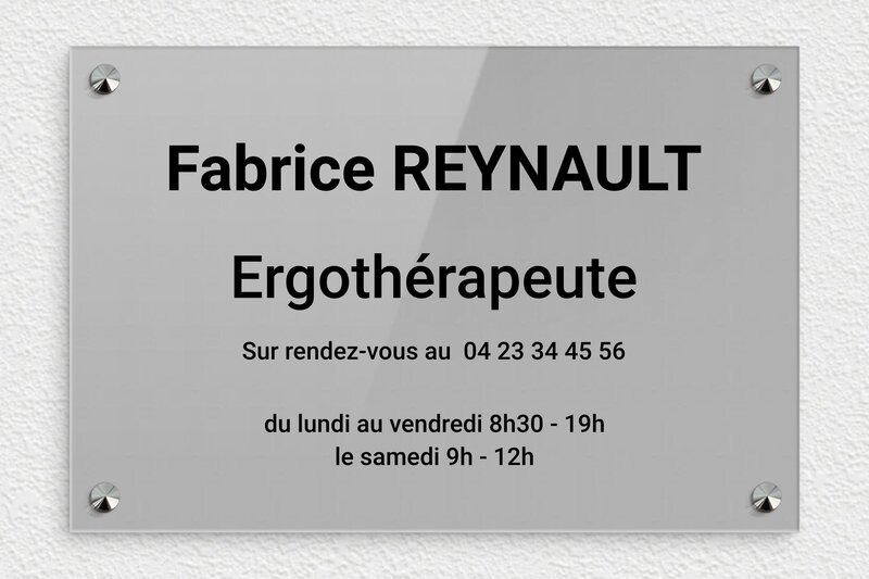 Plaque Ergothérapeute - Plexiglass - 300 x 200 mm - gris-noir - screws-caps - ppro-job-ergotherapeute-005-1