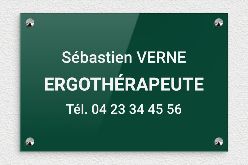 Plaque Ergothérapeute - Plexiglass - 300 x 200 mm - vert-blanc - screws-caps - ppro-job-ergotherapeute-006-1