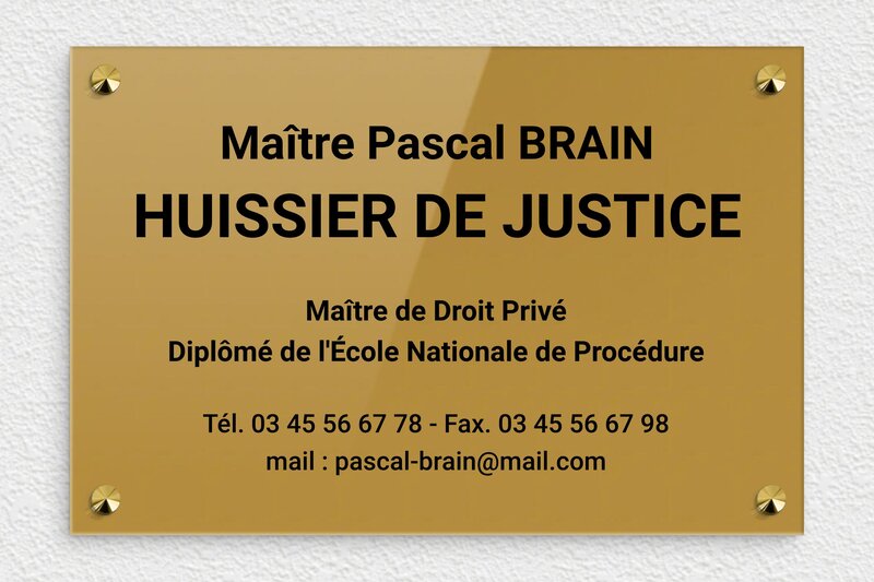 Plaque Huissier de justice - Plexiglass - 300 x 200 mm - or-fonce-noir - screws-caps - ppro-job-huissier-001-1