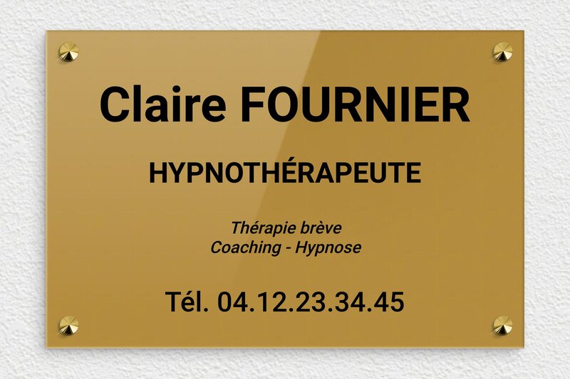 Plaque Hypnothérapeute - Plexiglass - 300 x 200 mm - or-fonce-noir - screws-caps - ppro-job-hypnotherapeute-001-1