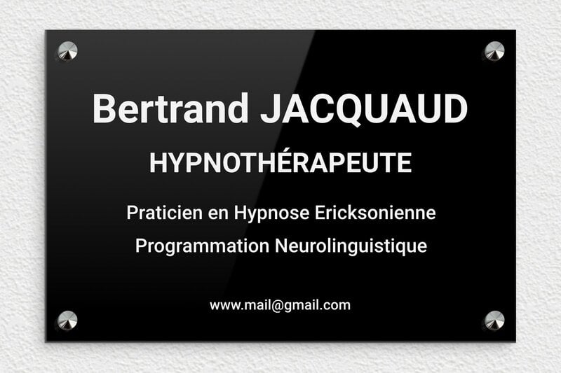 Plaque Hypnothérapeute - Plexiglass - 300 x 200 mm - noir-blanc - screws-caps - ppro-job-hypnotherapeute-002-1