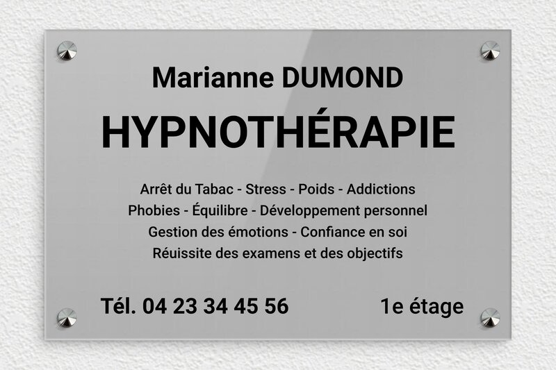 Plaque Hypnothérapeute - Plexiglass - 300 x 200 mm - gris-noir - screws-caps - ppro-job-hypnotherapeute-003-1