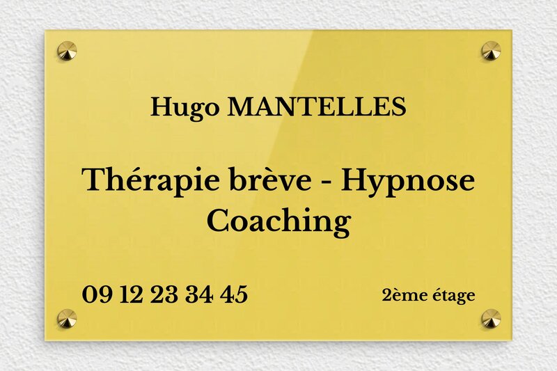 Plaque Hypnothérapeute - Plexiglass - 300 x 200 mm - or-clair-noir - screws-caps - ppro-job-hypnotherapeute-004-1