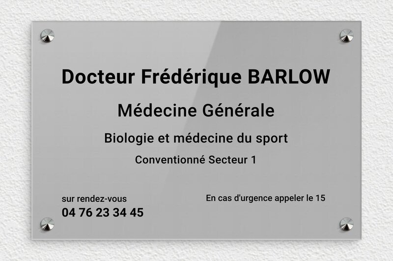 Plaque professionnelle médecin en plexiglas - Plexiglass - 300 x 200 mm - gris-noir - screws-caps - ppro-job-medecin-plexiglas-001-1