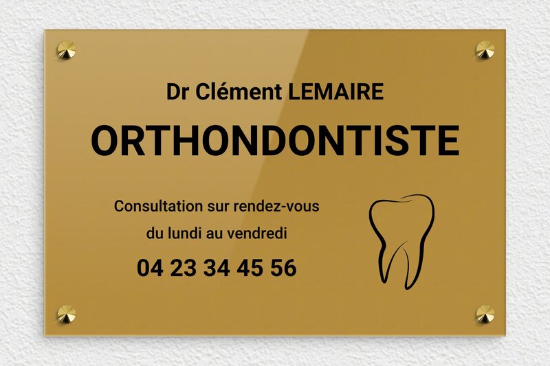 Plaque orthodontiste - Plexiglass - 300 x 200 mm - or-fonce-noir - screws-caps - ppro-job-orthodontiste-001-1