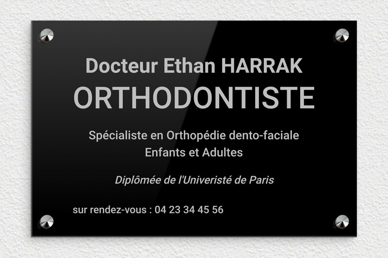 Plaque orthodontiste - Plexiglass - 300 x 200 mm - noir-argent - screws-caps - ppro-job-orthodontiste-005-1