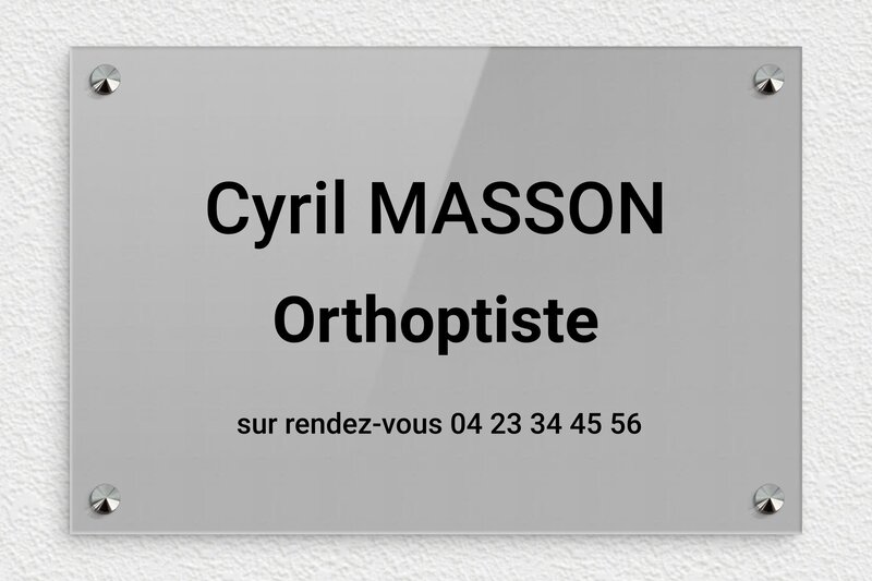 Plaque Orthoptiste - Plexiglass - 300 x 200 mm - gris-noir - screws-caps - ppro-job-orthoptiste-001-1