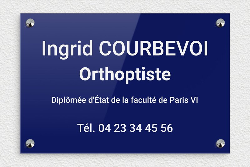 Plaque Orthoptiste - Plexiglass - 300 x 200 mm - bleu-blanc - screws-caps - ppro-job-orthoptiste-002-1