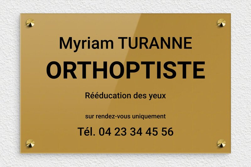 Plaque Orthoptiste - Plexiglass - 300 x 200 mm - or-fonce-noir - screws-caps - ppro-job-orthoptiste-004-1
