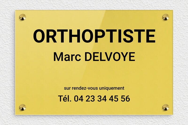 Plaque Orthoptiste - Plexiglass - 300 x 200 mm - or-clair-noir - screws-caps - ppro-job-orthoptiste-005-1