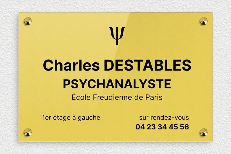 Plaque professionnelle psychanalyste - Plexiglass - 300 x 200 mm - or-clair-noir - screws-caps - ppro-job-psychanalyste-003-1