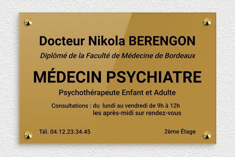 Plaque psychiatre - Plexiglass - 300 x 200 mm - or-fonce-noir - screws-caps - ppro-job-psychiatre-001-1