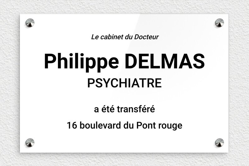 Plaque psychiatre - Plexiglass - 300 x 200 mm - blanc-noir - screws-caps - ppro-job-psychiatre-003-1