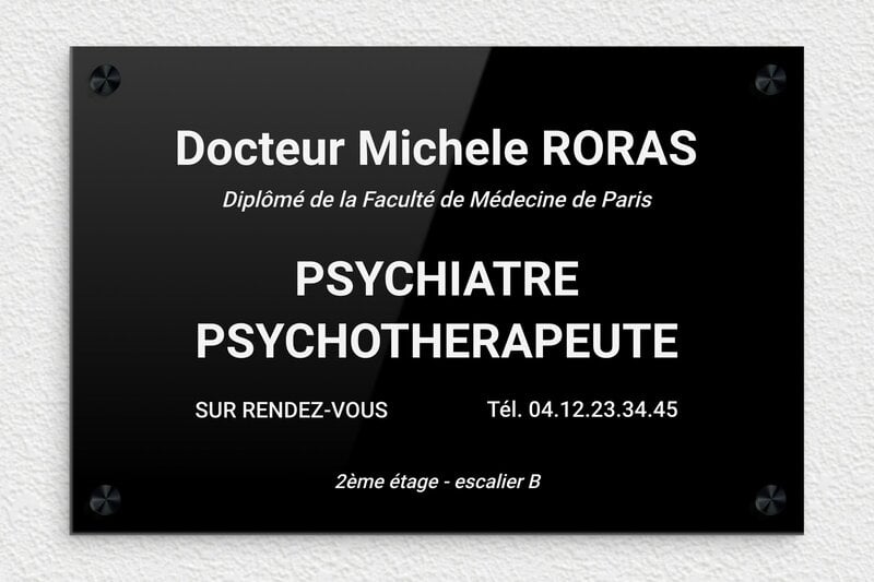 Plaque psychiatre - Plexiglass - 300 x 200 mm - noir-blanc - screws-caps - ppro-job-psychiatre-004-1