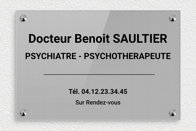 Plaque psychiatre - Plexiglass - 300 x 200 mm - gris-noir - screws-caps - ppro-job-psychiatre-005-1