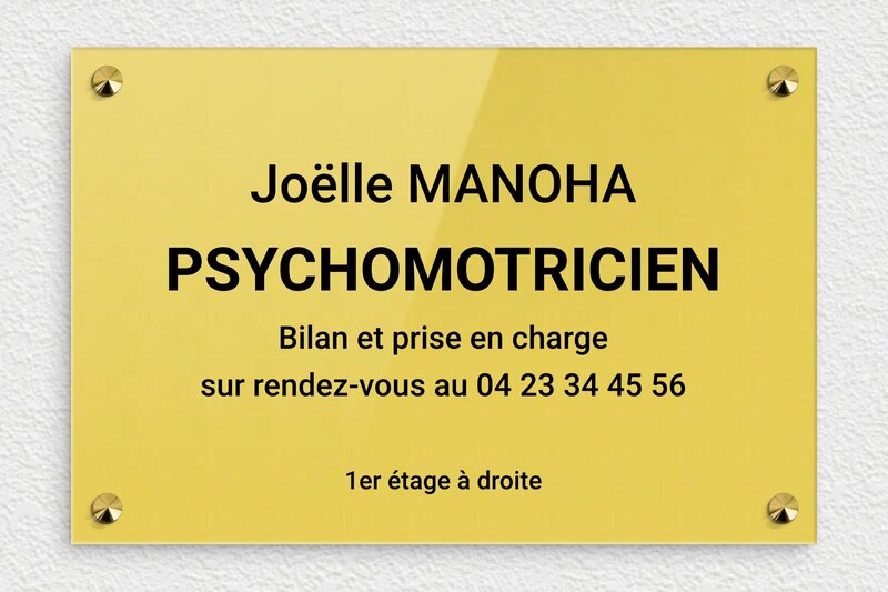 Plaque professionnelle psychomotricien - Plexiglass - 300 x 200 mm - or-clair-noir - screws-caps - ppro-job-psychomotricien-002-1