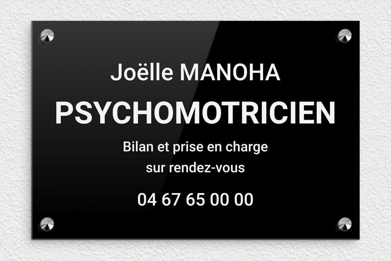 Plaque professionnelle psychomotricien - Plexiglass - 300 x 200 mm - noir-blanc - screws-caps - ppro-job-psychomotricien-003-1